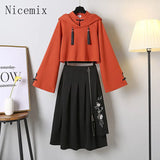 Yipinpay Women Set Early Autumn New Chinese Style Age Reducing Sweet Slim Red Sweatshirt Black Long Skirt Two Piece Set Women Outfits