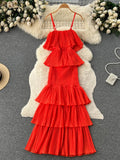 Yipinpay 2024 Women Hotsweet Chiffon Sundress Strap Cake Backless Sheath Bodycon Long Dress Vacation Retro Elastic Beach Dress