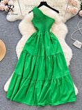 Yipinpay Bohemian Loose Sundress Women Diagonal Collar Backless Elastic Ruched Solid 2024 Fashion Vacation Beach Style Dress