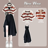 Yipinpay Women's Summer Fashion Stripe Short Sleeve Top+Strap Skirt Two Piece Korean Elegant Blouse Dress Suit 2024 New Matching Set