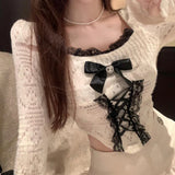 Yipinpay Women's Elegant Long Sleeve Crop Tops Bowknot Lace Patchwork Sweetheart Neckline Spring Fall Casual Slim Fit T-Shirts