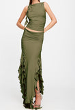 Yipinpay Fashion Women Summer 2 Pieces Outfits Solid Color Crew Neck Sleeveless Tank Tops Ruffles Slit Long Skirts Set Street Style
