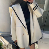 Yipinpay Loose Large Pocket Sailor Contrast Double Breasted Long Sleeve Woolen Jacket Women's Clothing 2023 Autumn Winter Coat
