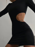 yipinpay Out Black Dress Chain Bodycon Dress Women O Neck Basic Mini Dress Autumn Winter 2023 Solid Streetwear Long Sleeve Dress