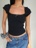 Yipinpay Women Y2K Vintage Kawaii Tee Shirt Short Sleeve Square Neck Lace Patchwork Bow Knot Summer Skinny Tops Streetwear