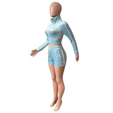 Yipinpay Top Velvet Tracksuit Two Piece Sets Women Summer Biker Shorts Set Long Sleeve Side Stripes Slim Fit Casual Suits