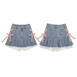 Yipinpay Kawaii Denim Mini Skirt Women Sexy Gyaru Pink Bow Bandage Lace Patchwork High Waist Pleated Jean Skirt Y2k Shorts Summer