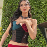 Yipinpay Womens Sexy Summer Beachwear Halter Top Sleeveless Tops Backless Contrast Color 3D Flower Vest for Club Party