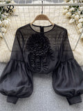 Yipinpay Fashion Vintage Court Style Blouse Women Zipper Transparent Three Dimensional Floral Design 2024 Casual Loose T Shirt
