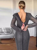 Yipinpay Sparkling Bodycon Long Dress For Women Round Neck Long Sleeves Slim Robes Fashion Autumn Evening Party Female Vestidos
