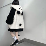 Yipinpay Autumn Winter Kawaii Hoodies Women Japanese Soft Girl Lambswool Cute Panda Ear Oversized Hoodie Preppy Style Button Coat