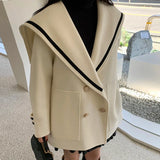 Yipinpay Loose Large Pocket Sailor Contrast Double Breasted Long Sleeve Woolen Jacket Women's Clothing 2023 Autumn Winter Coat
