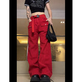yipinpay Vintage Red Cargo Pants Fashion Many Pocket Straight Mopping Pants High Street Y2K Baggy Wide Leg Trouser Ladies Spring