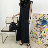 Yipinpay Loose Shoulder Pad Cut Out Backless Sleeveless Vest Dress Women Casual Vestidos Midi Grey T-shirt Dress Lady