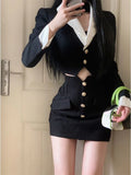 Yipinpay Winter Elegant Blazer Skirt Set Outfits Black Fashion 2 Piece Set Office Lady Y2k Crop Tops Slim Mini Skirt Woman Korean