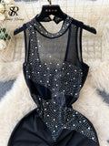 Yipinpay 2024 Women Beading Mesh Long Rompers Fashion Sleeveless Diamond Backless Slim Bodycon Sheer Sexy Jumpsuits