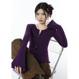 yipinpay Women Purple Cardigan Sweater Short Outerwear Round Neck Fashion Vintage Leisure Lazy Winter Knitting Single Breasting Coat