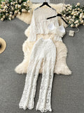 Yipinpay Vacation Simple Style Fashion Suits Halter Sexy Camis+Embroidery Cardigan+Hook Flower Hollow Pants Senior Retro Sets