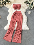 Yipinpay Korean Style Hotsweet Sets Sexy Strapless Short Tops+Basics High Waist Split Wide Leg Pants Fashion Casual Beach Suits