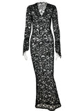 Yipinpay MO 2023 Elegant Lace See Through V-neck Maxi Sexy Dress For Women Summer Chic Longsleeves Hollow Out Slim Floor Dress