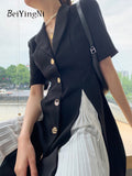 yipinpay Summer Fashion Office Ladies Dresses Notched Buttons Short Sleeve Pleated Knee-Length Dress Women Patchwork Slim Dress