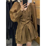 Yipinpay Summer Solid Color Simple Shirts Shorts Set Lantern Sleeve Round Neck Tie-up Blouse Trouser Women Two Piece Casual Suit