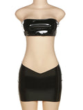 Yipinpay Simenual Black Sets Women 2 Pieces Sexy Wrap Chest Backless Skinny Vest with Elastic Faux Pu Leather Mini Skirts Rave Outfits