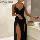 Yipinpay Women Elegant Solid Spaghetti Strap Bodycon Deep V Neck High Silt Maxi Formal Party Sexy Black Dress 0407