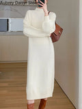 Yipinpay White Knitted Long Dress Women Autumn Vintage Half High Collar Warm Sweater Dress Korean Casual Chic Evening Y2k Dress