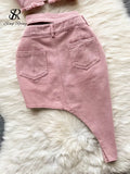 Yipinpay Denim Pink Sexy Women Sets Zipper Sashes Button Pocket Irregular Strapless Backless Top Denim Skirt Two Piece Set
