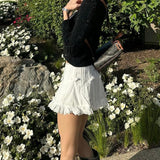 Yipinpay White Mini Skirt Women Kawaii Lace Low Rise Y2k Summer Korean Style Bow Ruffle Sexy Kpop Micro Mini Skirts Coquette