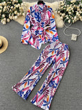 Yipinpay Autumn Print Suits Single Breasted Cardigan Bow Irregular Blouse+Pleated Wide Leg Long Pants Women Senior Vintage Sets