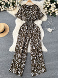 Yipinpay Beach Summer Floral Jumpsuits Fashion V Neck Elastic Slim Short Sleeve 2024 Streetwear Vacation Retro Long Rompers