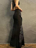 Yipinpay Gothic Mermaid Skirt Long Women Vintage Chinese Dragon Print High Waist Lace Up Slim Goth Black Maxi Skirt Streetwear