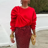 Yipinpay Bow Loose Pullover Women Elegant Red O-neck Long Sleeve Short Sweatershirts 2024 Spring Fashion Lady Casual Outwear Tops