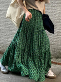 Yipinpay New Vintage Print A-line Skirt Women High Waist Pleated Loose Casual Skirts Tide Skirt Korean Fashion Clothing Female