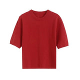 Yipinpay New 2024 Red Knit T Shirt Women O Neck Short Sleeve Spring Summer Tees Crop Top