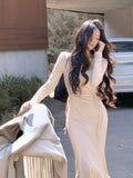 Yipinpay Colo Elegant Midi Dress Slim Casual 2023 Autumn Korea Fashion Evening Party Dress Woman Long Sleeve Sexy Bodycon Dress
