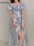 Yipinpay Summer Blue Floral Women's Dress Elegant Chic Fashion Casual Split One Word Shoulder Party Sexy Evening Maxi Long Dresses