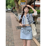 Yipinpay Blue Striped Shirt Women Short Sleeve Blazers Suit Plaid Cardigan Wrap Hip Mini Skirt Sets Vintage Jacket Spring New
