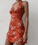 Yipinpay Women Close-Fitting Sexy Dress Floral Printed Pattern Sleeveless Deep V-Neck Lovely Mini Dress Backless Sleevesless Short Dress