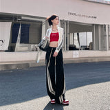 yipinpay Womans Cargo Jeans Pants High Waist Vintage Straight Trouser America Streetwear Stripe Denim Drawstring Cargo Sweat Pants