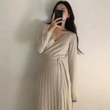 Yipinpay Piece V Neck Slim Bandage Waist High Black Pleated Dress Women Long Wild Sexy Knit Dress Casual Sweater Autumn Solid Retro