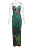 Yipinpay Simenual Vintage Printed Spaghetti Strap Maxi Dress Lady Elegant Chic Backless Package Hip Dresses Sexy Prom Party Vestido Slim