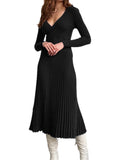 Yipinpay Women Ribbed V-neck Fold Knitted Max Dress Ladies Skinny Sexy A-line Dresses Two Color Patchwork Elegant Chic Vestidos