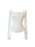 Yipinpay Women White Star Print T-shirt Harajuku Korean Y2k Tee Top Korean Fashion Vintage Slim Fashion Chic T-shirt Clothes 2024 Summer