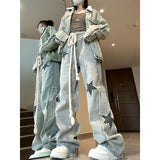 Yipinpay Denim Jeans Women High Waist Star Pattern Print Patchwork Long Trousers Y2k Fashion Streetwear Baggy Pants Women