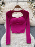 Yipinpay Women Sporty Tops Square Collar Long Sleeve Backless Kink With Chest Pad Slim Fit American Streetwear Sexy Mini Blouse