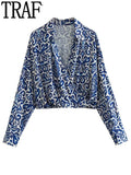 Yipinpay Blue Print Crop Top Women Wrap Cropped Shirt Woman Long Sleeve Summer Blouses Woman 2023 Elegant And Vintage Women's Blouse