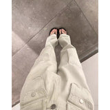 yipinpay Women Vintage Beige High Waist Cargo Pants Fashion Pocket Baggy Straight Y2K Wide Leg Pants Street Mopping Trouser Ladies Summer